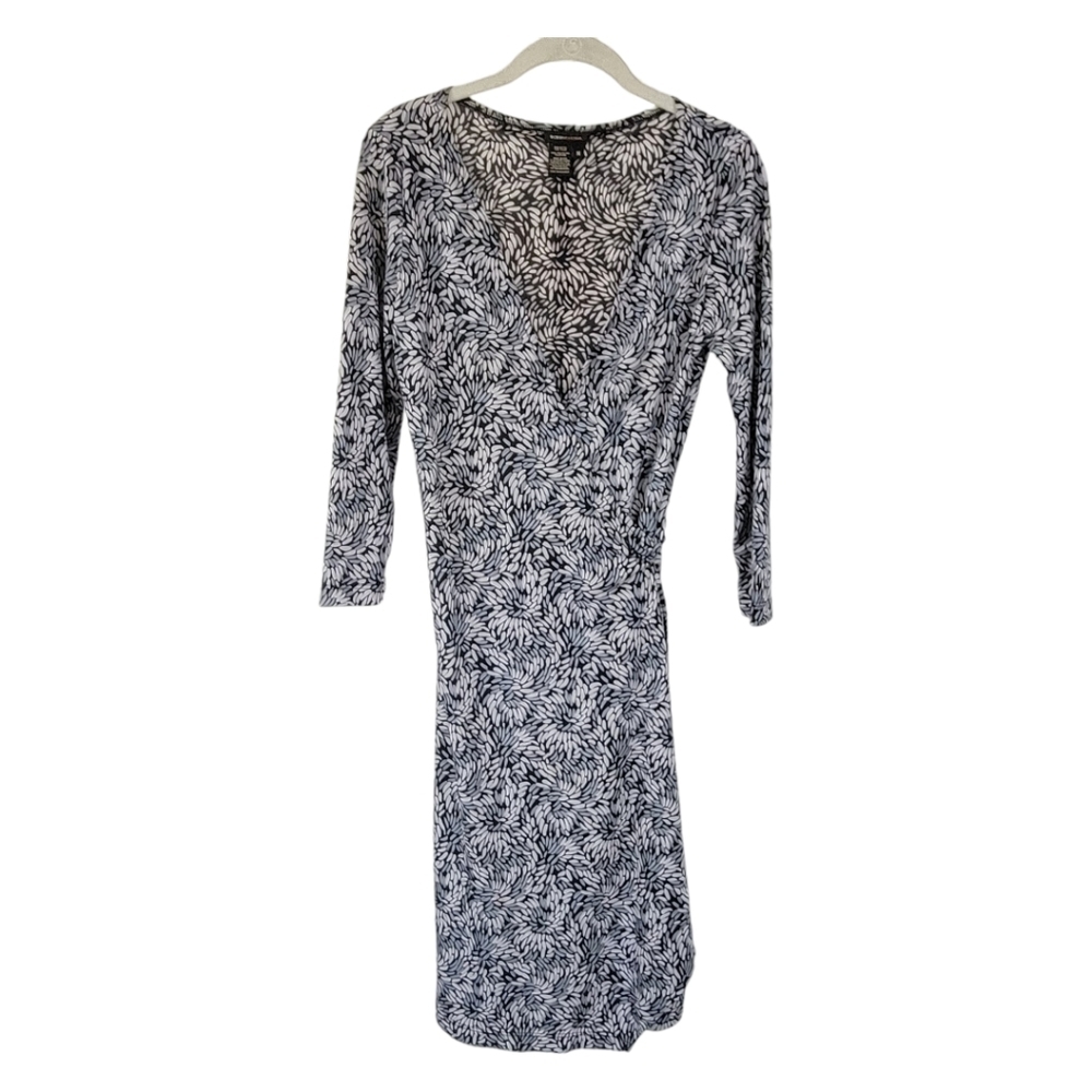 BCBGMaxAzria M Plunge Wrap Midi Dress Black White Leaf Print‎ Stretch Office